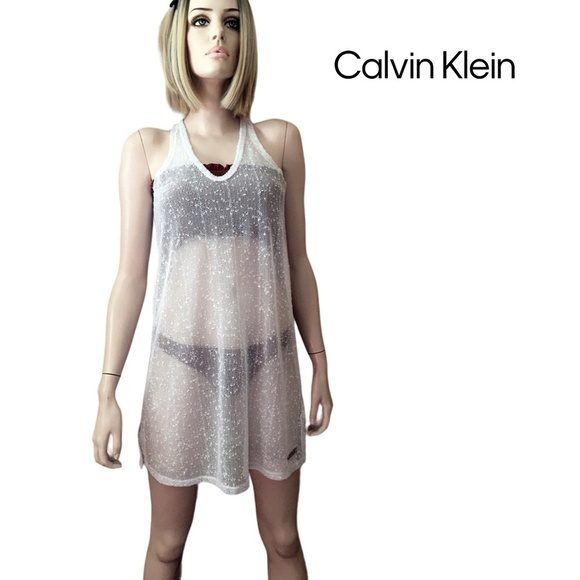 CALVIN Klein Sequin Swimsuit Bikini Coverup White V-Neck Shift Racerback Tank - Picture 1 of 13